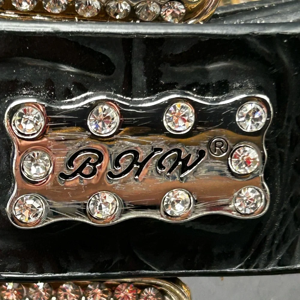 VTG BHW Rhinestone Belt‎ Black Leather and Silver Embellished Rhinestones 42”